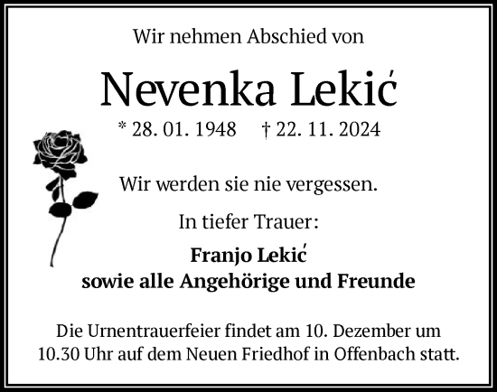 Traueranzeige von Nevenka Lekic von OF