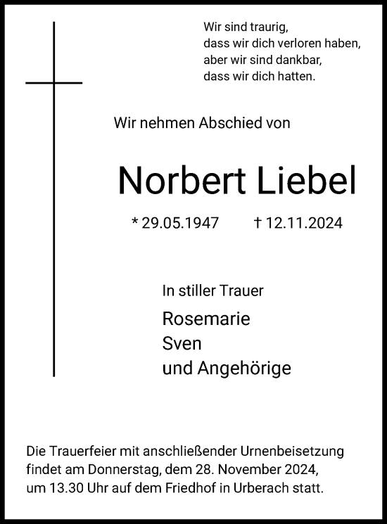 Traueranzeige von Norbert Liebel von OF