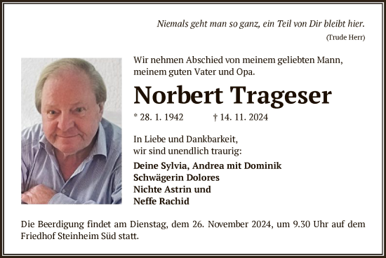 Traueranzeige von Norbert Trageser von OF