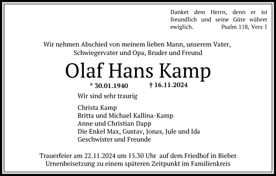 Traueranzeige von Olaf Hans Kamp von OF