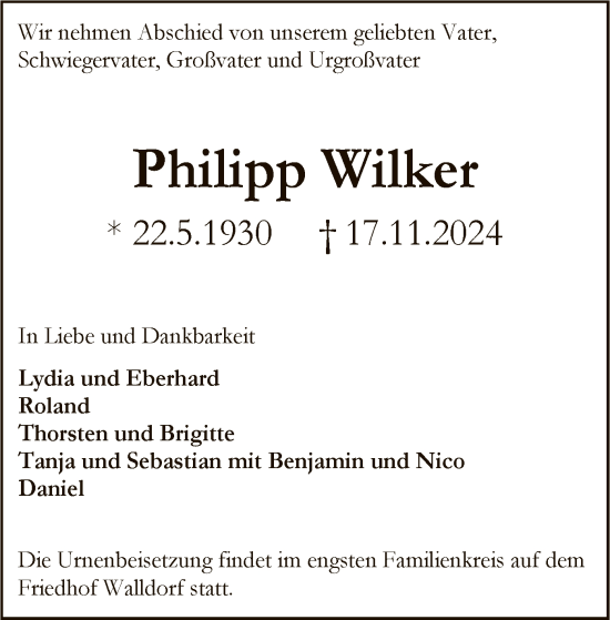 Traueranzeige von Philipp Wilker von OF