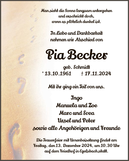 Traueranzeige von Pia Becker von OF