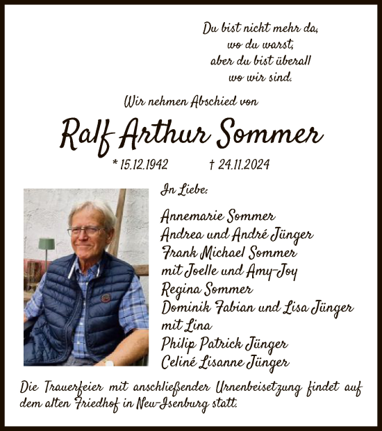 Traueranzeige von Ralf Arthur Sommer von OF