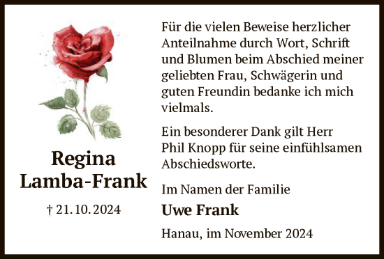 Traueranzeige von Regina Lamba-Frank von OF