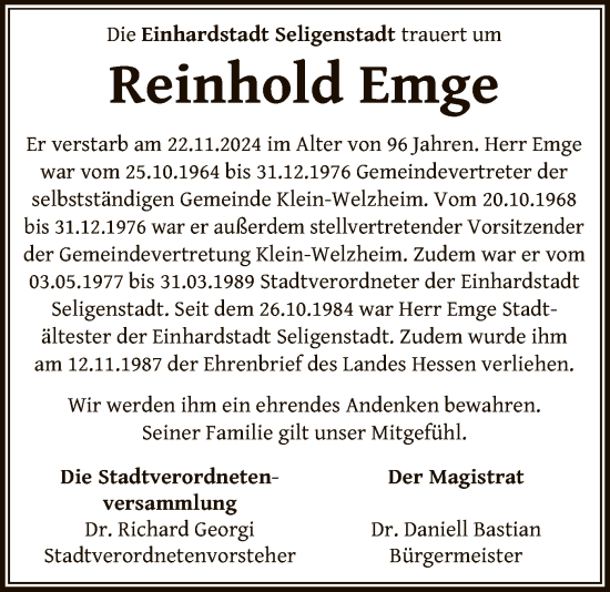 Traueranzeige von Reinhold Emge von OF