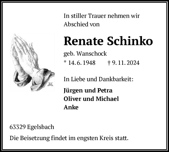 Traueranzeige von Renate Schinko von OF