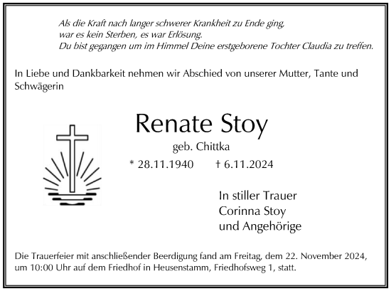 Traueranzeige von Renate Stoy von OF