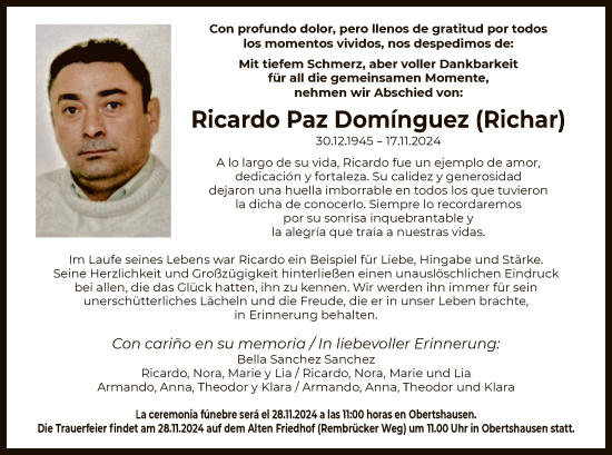 Traueranzeige von Ricardo Paz Dominguez von OF