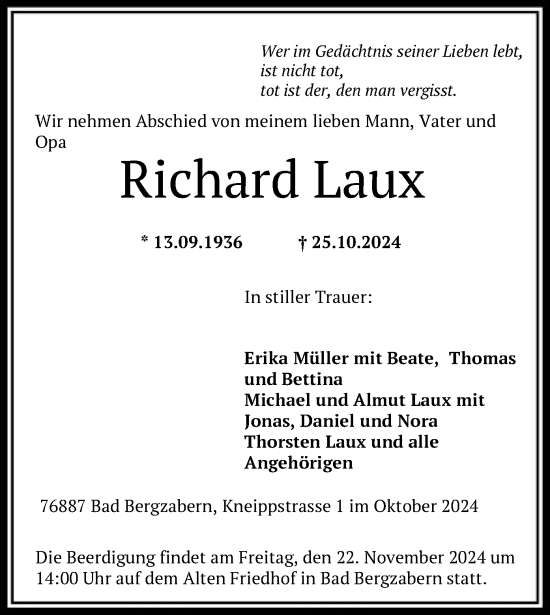 Traueranzeige von Richard Laux von OF