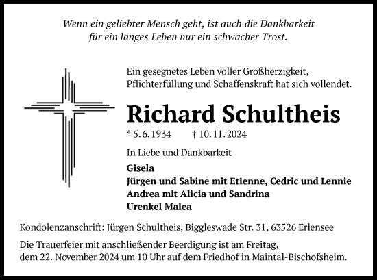 Traueranzeige von Richard Schultheis von OF