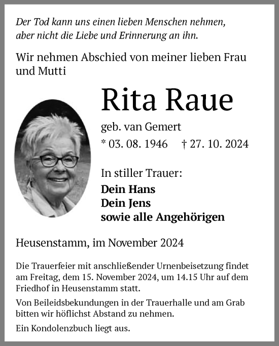 Traueranzeige von Rita Raue von OF