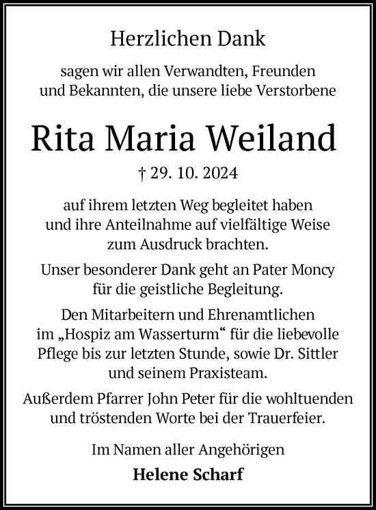 Traueranzeige von Rita Maria Weiland von OF