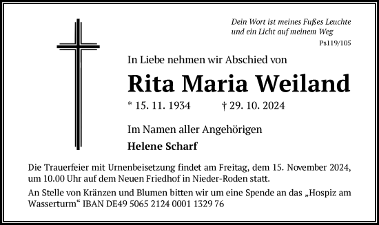 Traueranzeige von Rita Maria Weiland von OF