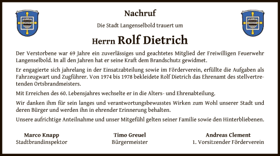 Traueranzeige von Rolf Dietrich von OF