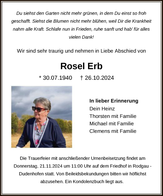 Traueranzeige von Rosel Erb von OF