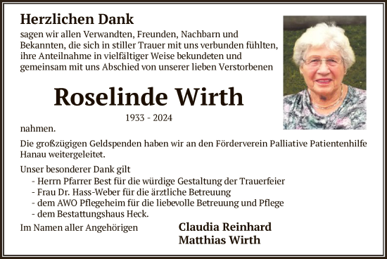 Traueranzeige von Roselinde Wirth von OF