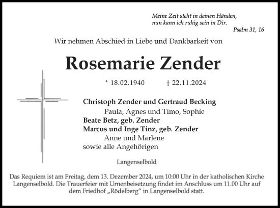 Traueranzeige von Rosemarie Zender von OF