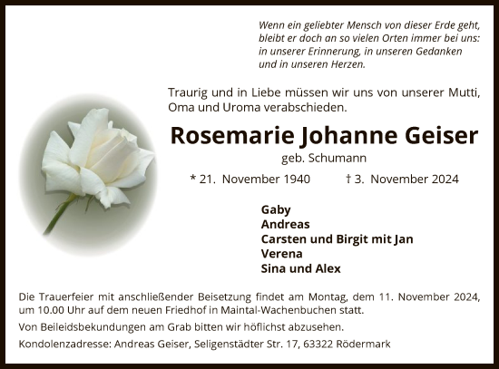 Traueranzeige von Rosemarie Johanne Geiser von OF