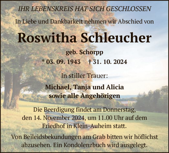 Traueranzeige von Roswitha Schleucher von OF