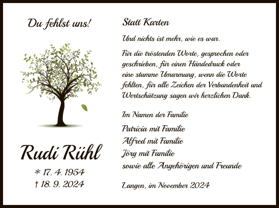 Traueranzeige von Rudi Rühl von OF