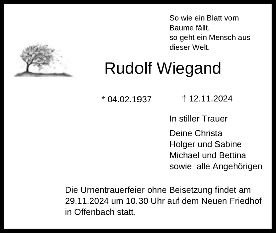 Traueranzeige von Rudolf Wiegand von OF