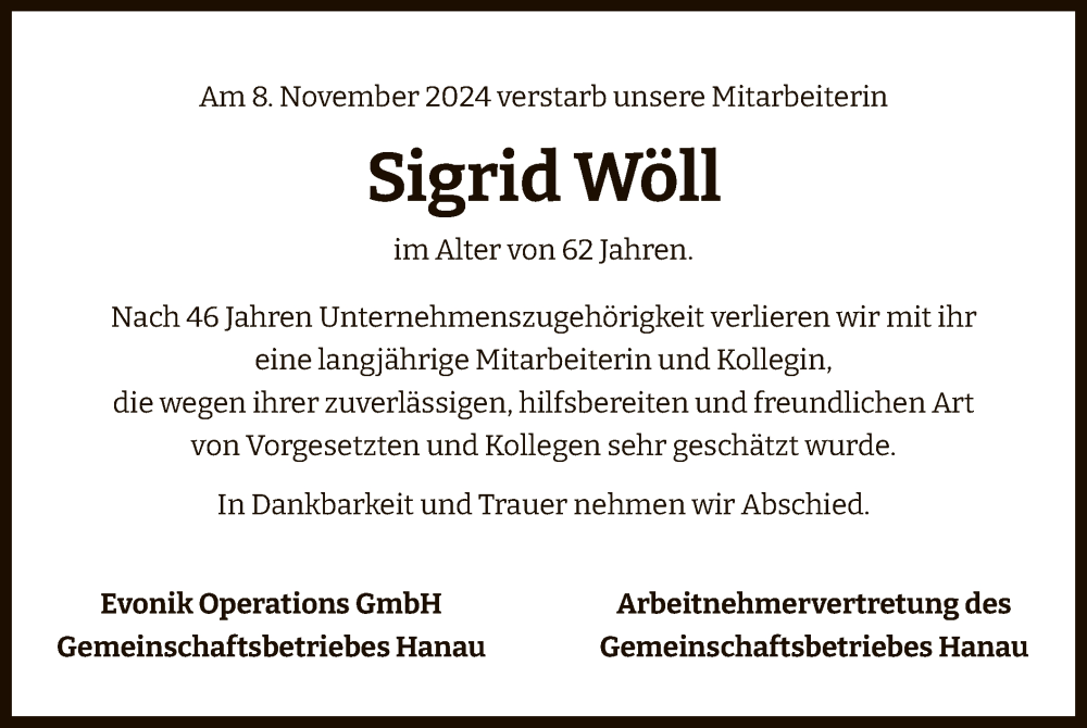  Traueranzeige für Sigrid Wöll vom 16.11.2024 aus OF