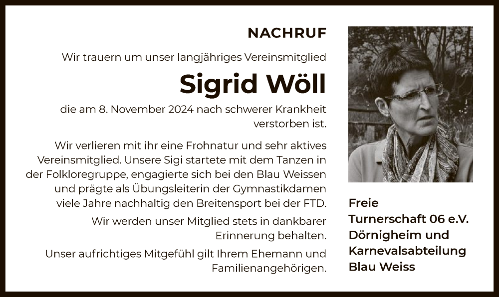  Traueranzeige für Sigrid Wöll vom 16.11.2024 aus OF