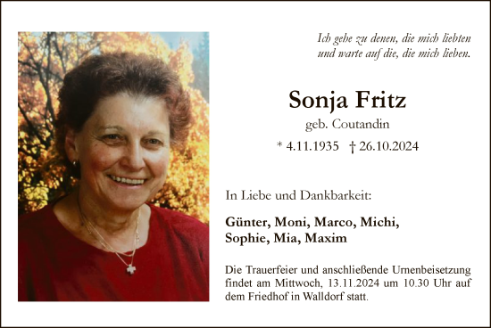 Traueranzeige von Sonja Fritz von OF