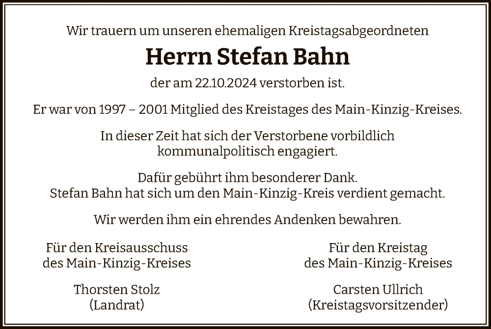  Traueranzeige für Stefan Bahn vom 09.11.2024 aus OF