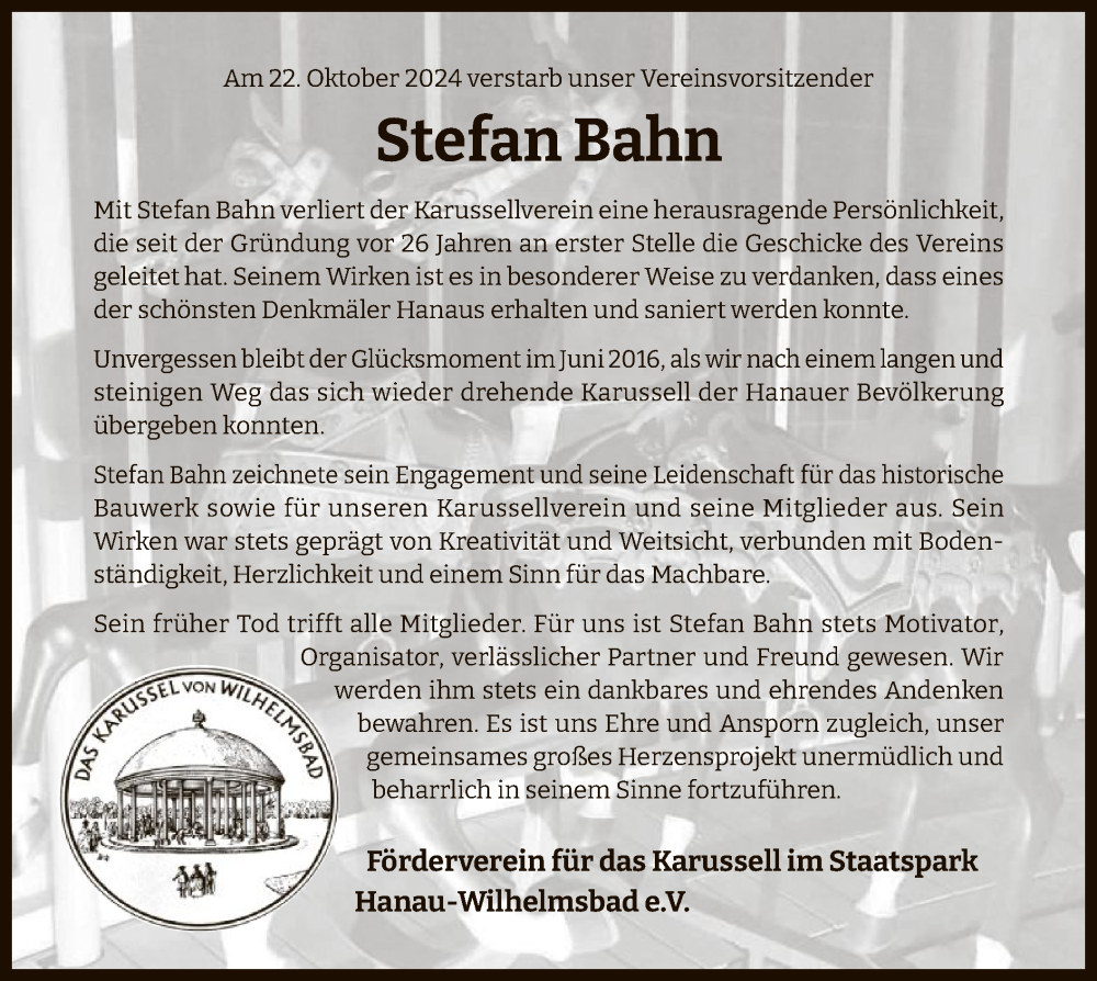  Traueranzeige für Stefan Bahn vom 02.11.2024 aus OFOF