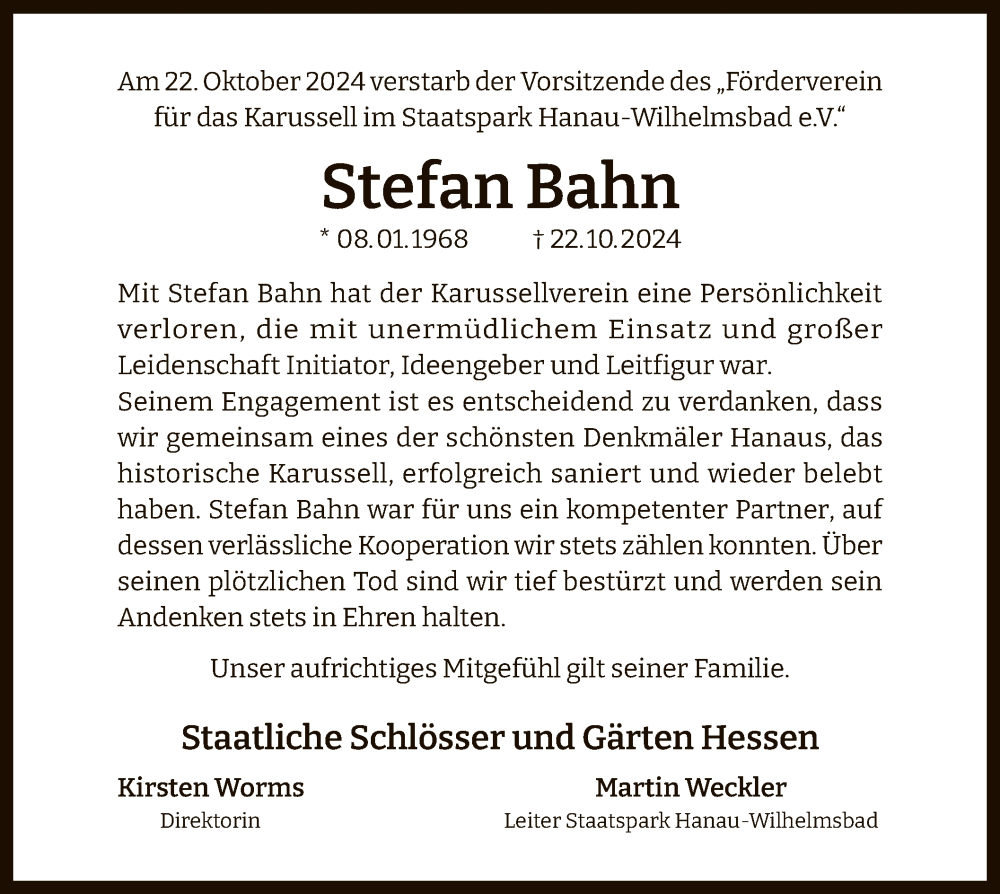  Traueranzeige für Stefan Bahn vom 02.11.2024 aus OF