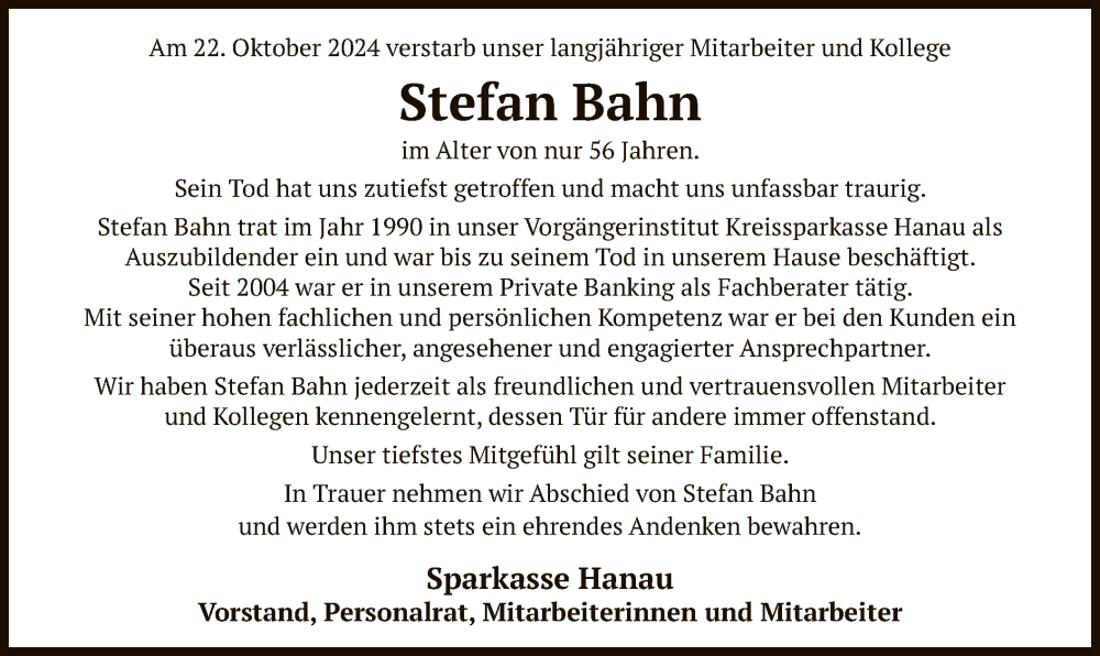  Traueranzeige für Stefan Bahn vom 05.11.2024 aus OF