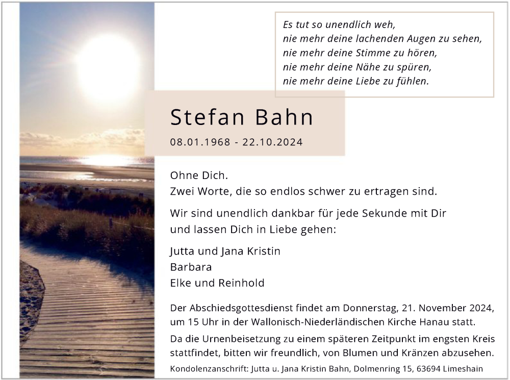  Traueranzeige für Stefan Bahn vom 02.11.2024 aus OF