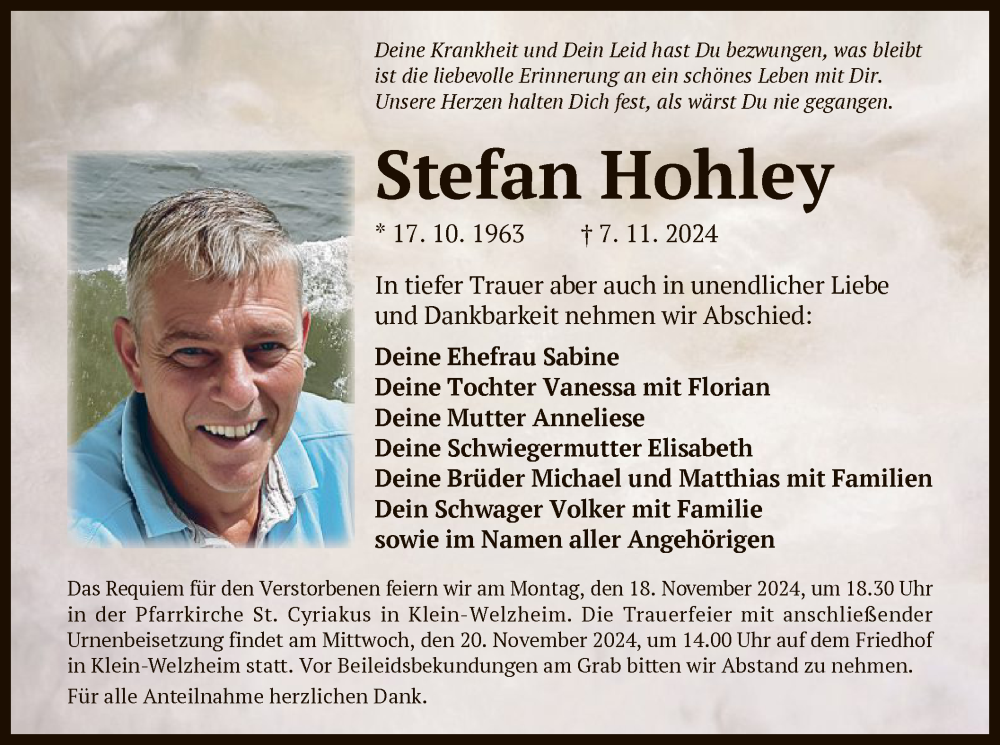  Traueranzeige für Stefan Hohley vom 16.11.2024 aus OF