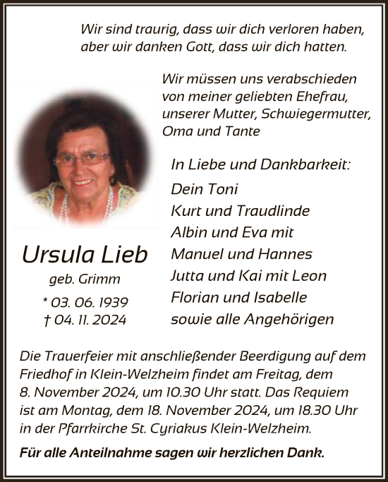 Traueranzeige von Ursula Lieb von OF