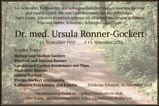 Traueranzeige von Ursula Ronner-Gockert von OF