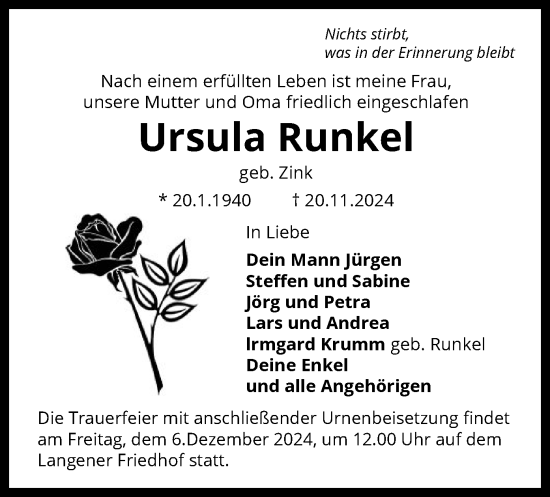 Traueranzeige von Ursula Runkel von OF