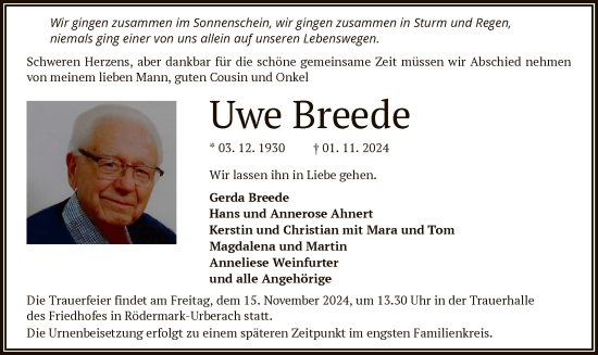 Traueranzeige von Uwe Breede von OF