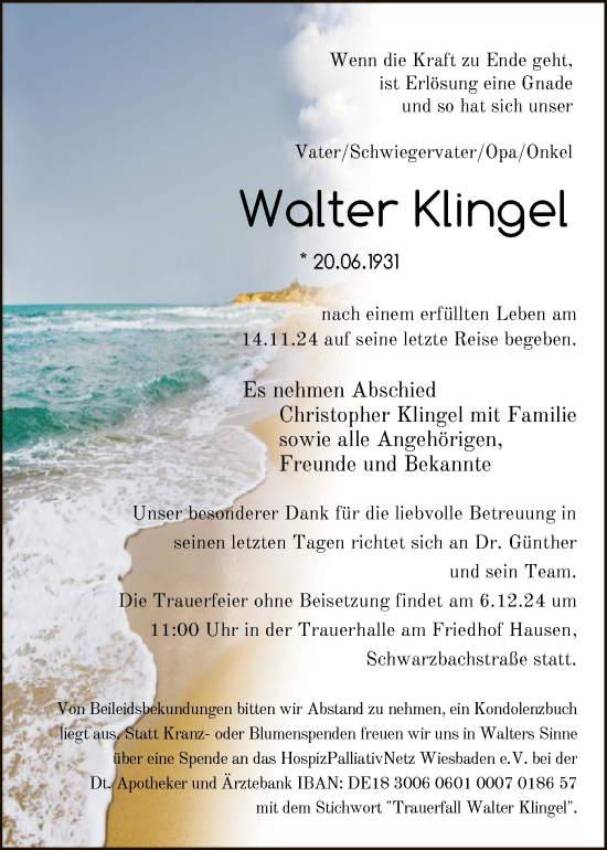 Traueranzeige von Walter Klingel von OF