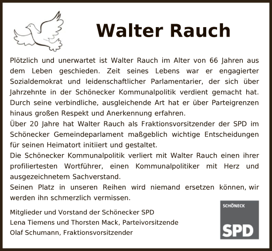 Traueranzeige von Walter Rauch von OF