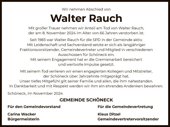 Traueranzeige von Walter Rauch von OF