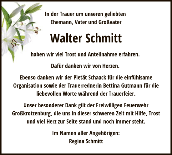 Traueranzeige von Walter Schmitt von OF