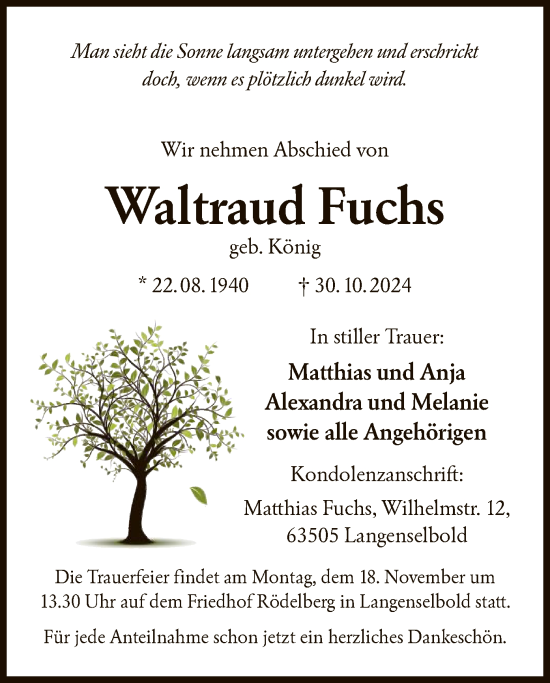 Traueranzeige von Waltraud Fuchs von OF