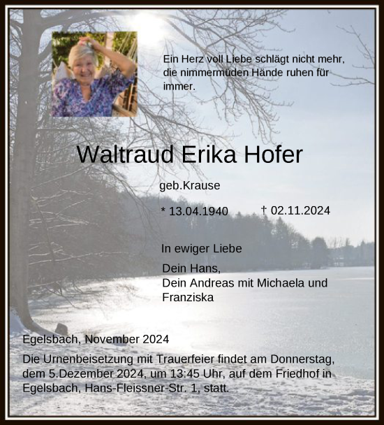 Traueranzeige von Waltraud Erika Hofer von OF