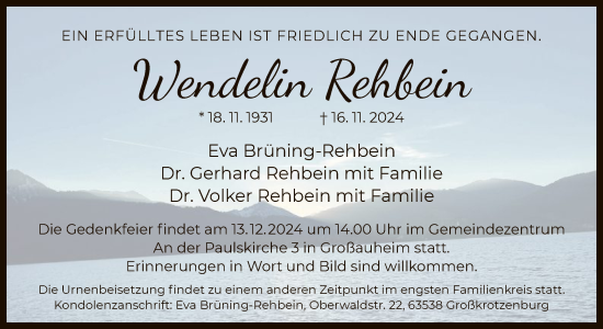 Traueranzeige von Wendelin Rehbein von OF