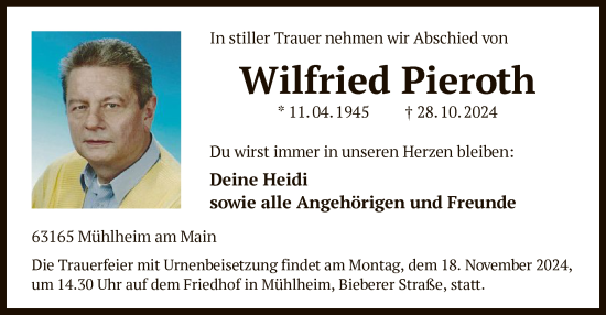 Traueranzeige von Wilfried Pieroth von OF