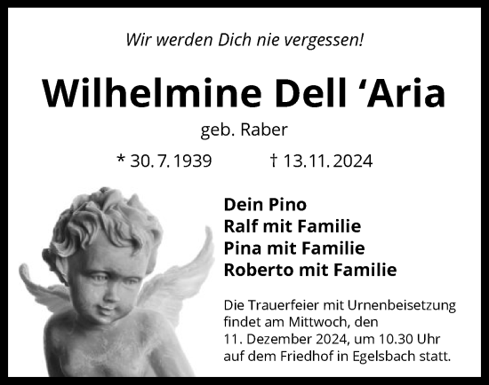 Traueranzeige von Wilhelmine DellAria von OF