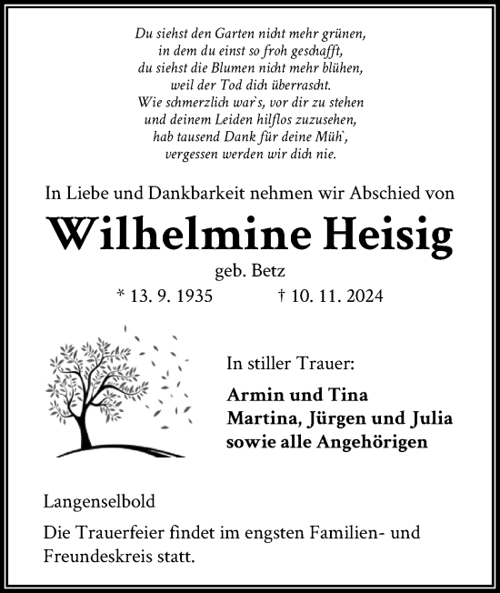 Traueranzeige von Wilhelmine Heisig von OF