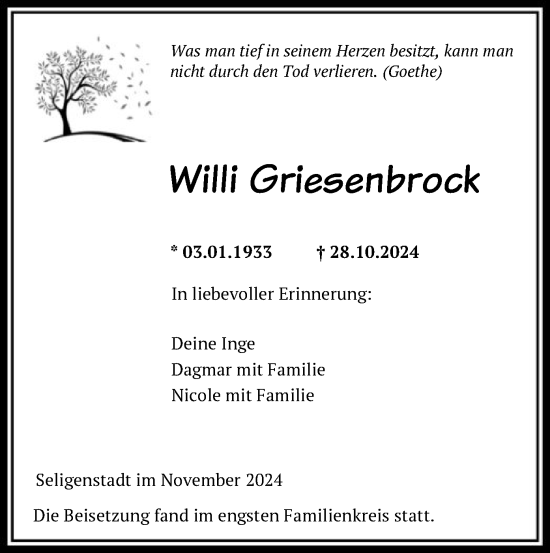 Traueranzeige von Willi Griesenbrock von OF