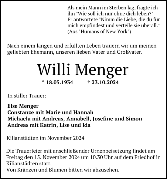 Traueranzeige von Willi Menger von OF